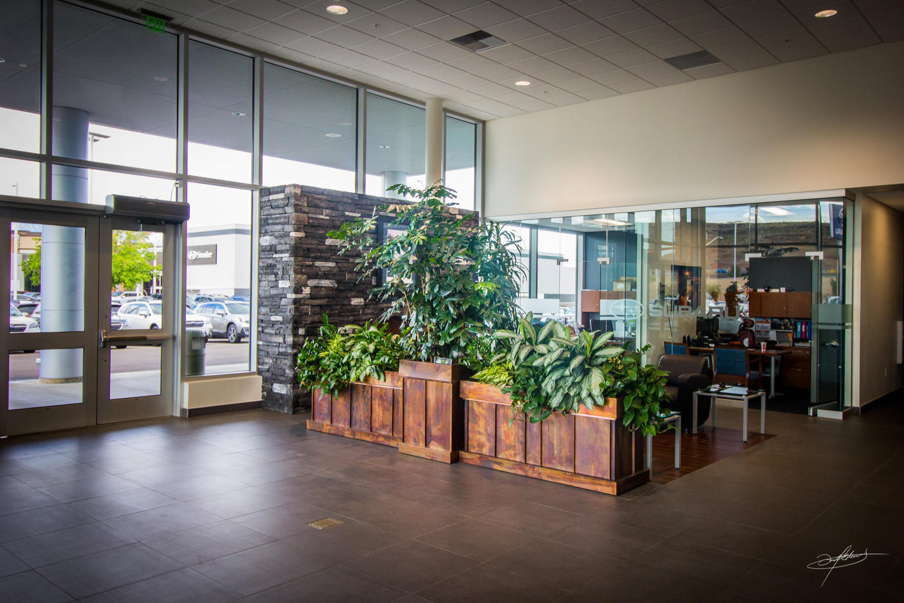 large bronze planters full of vibrant subtropical plants in a car dealership lobby