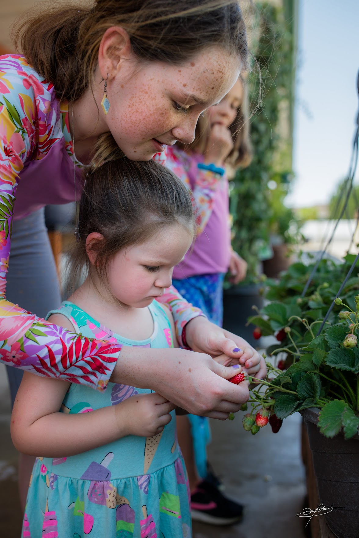 girls smiling while picking homegrown strawberries at botanicals kaysville garden center